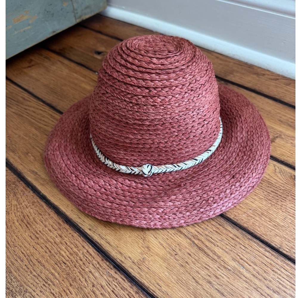 Frye and Co. Sun Hat Women S/M Red Straw Floppy Braided Trim Boho Summer Beach